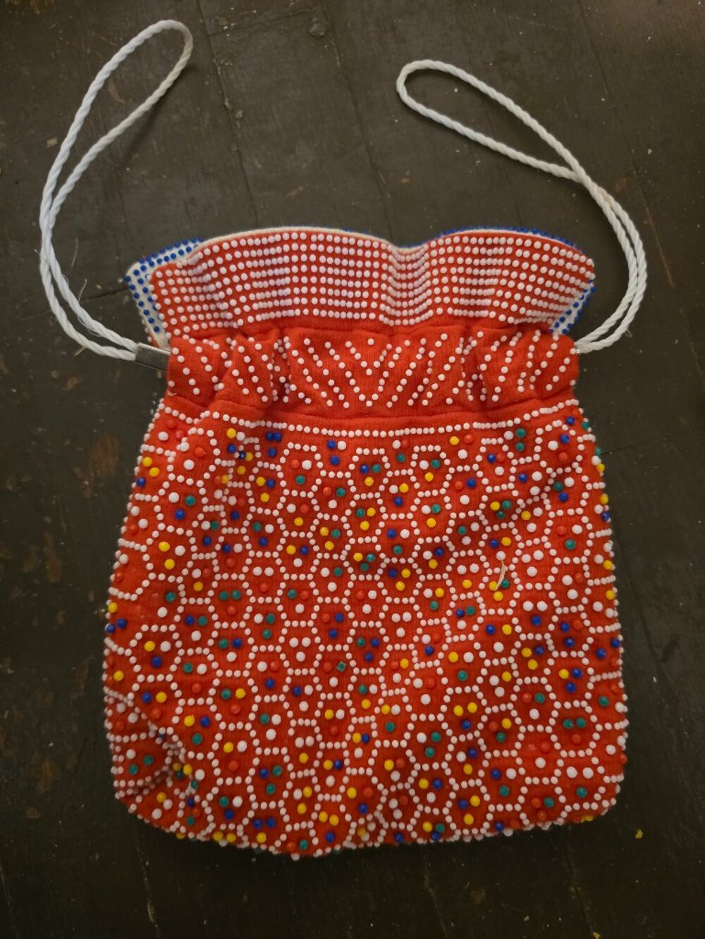 vintage 1960- 1970s candy dot beaded drawstring pouch reversible